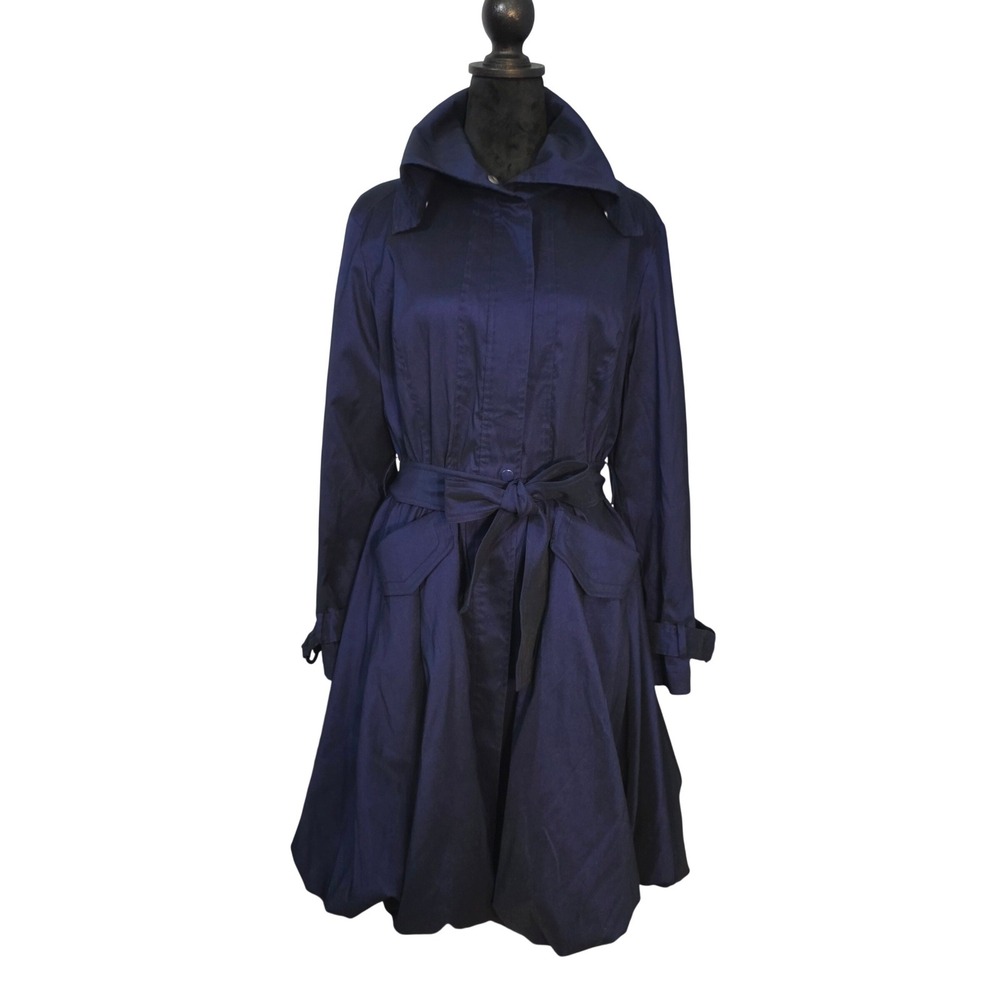 Samuel Dong Womens Size S Navy InkBlue Bubble Hem Belted Trench Coat Jacket